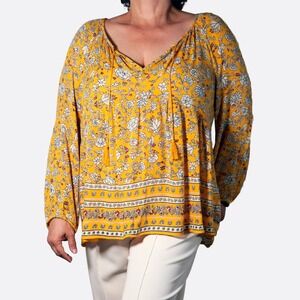 Old Navy Peasant Blouse Mustard Yellow Floral Tassel Tie Boho Top Plus 1X 2X